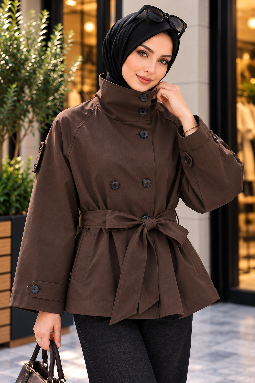 Hakimoda Kadın Dik Yaka  Kahve TrençkotRM1230