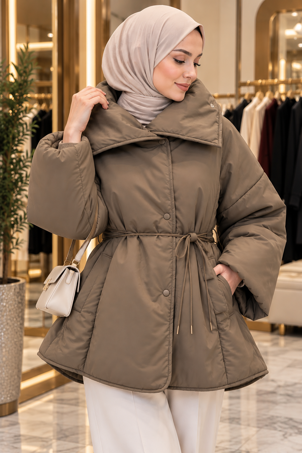 Hakimoda Kadın Dik Yaka Şişme Haki MontHN51115