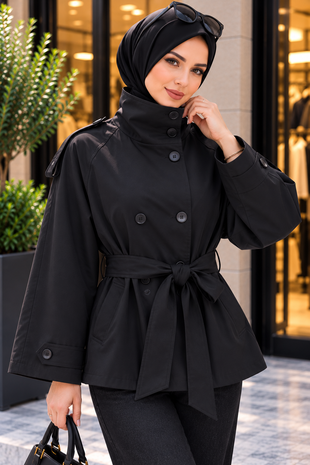 Hakimoda Kadın Dik Yaka Siyah TrençkotRM1230