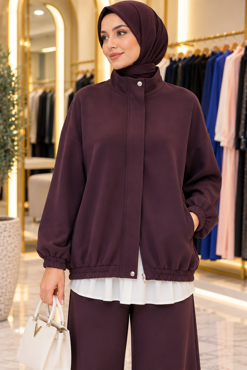 Hakimoda Kadın Fermuarlı Mürdüm Üçlü TakımAH1028