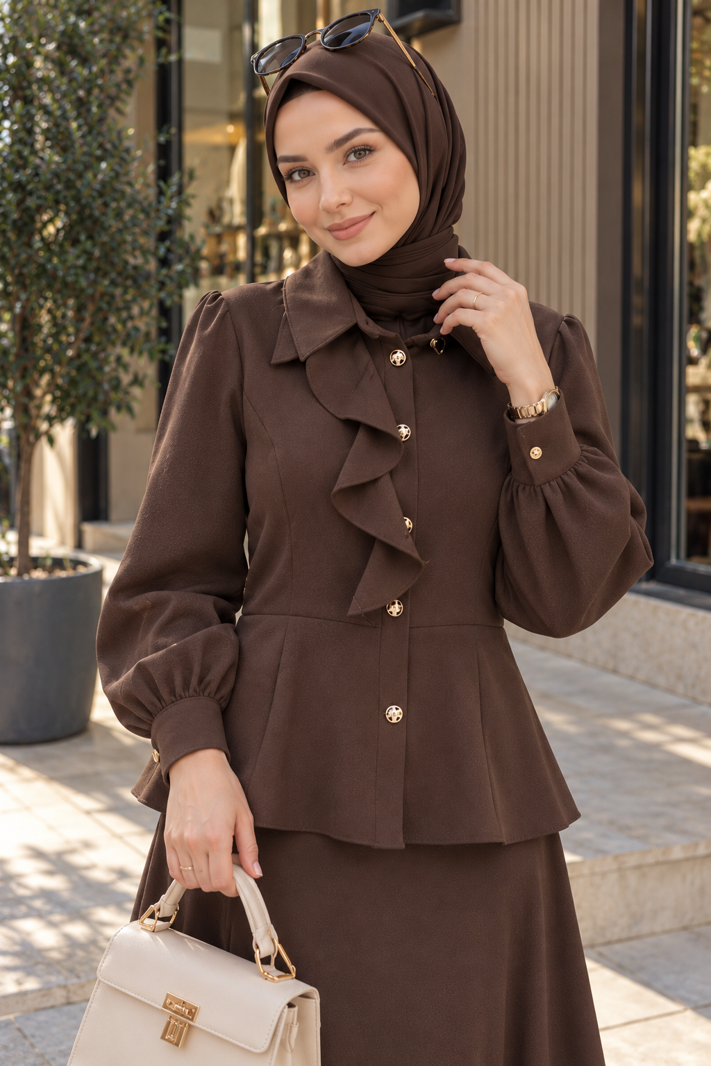 Hakimoda Kadın Fırfırlı Kahve Etekli TakımLS6071