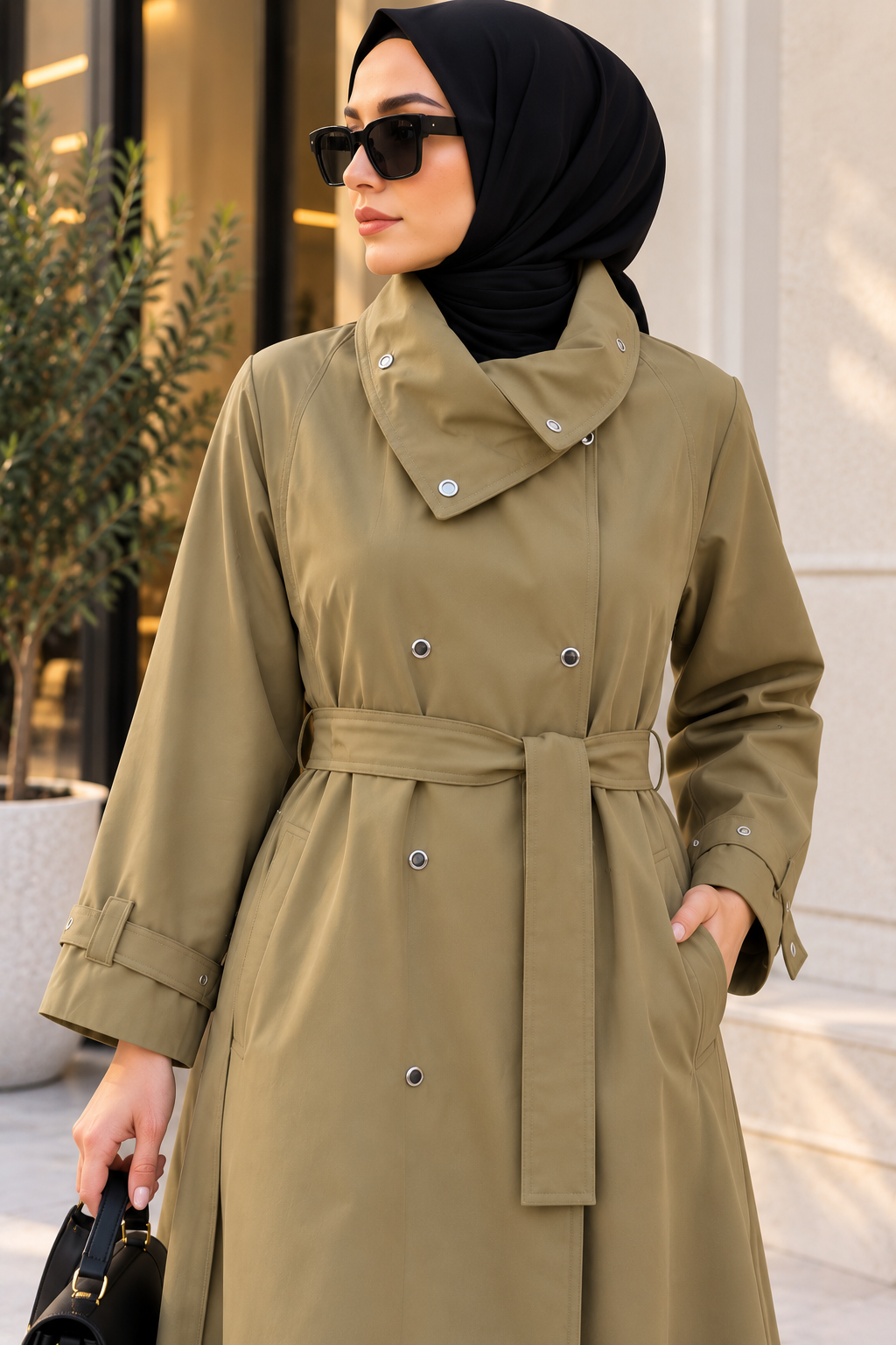 Hakimoda Kadın Huni Yaka Haki TrençkotRM1229