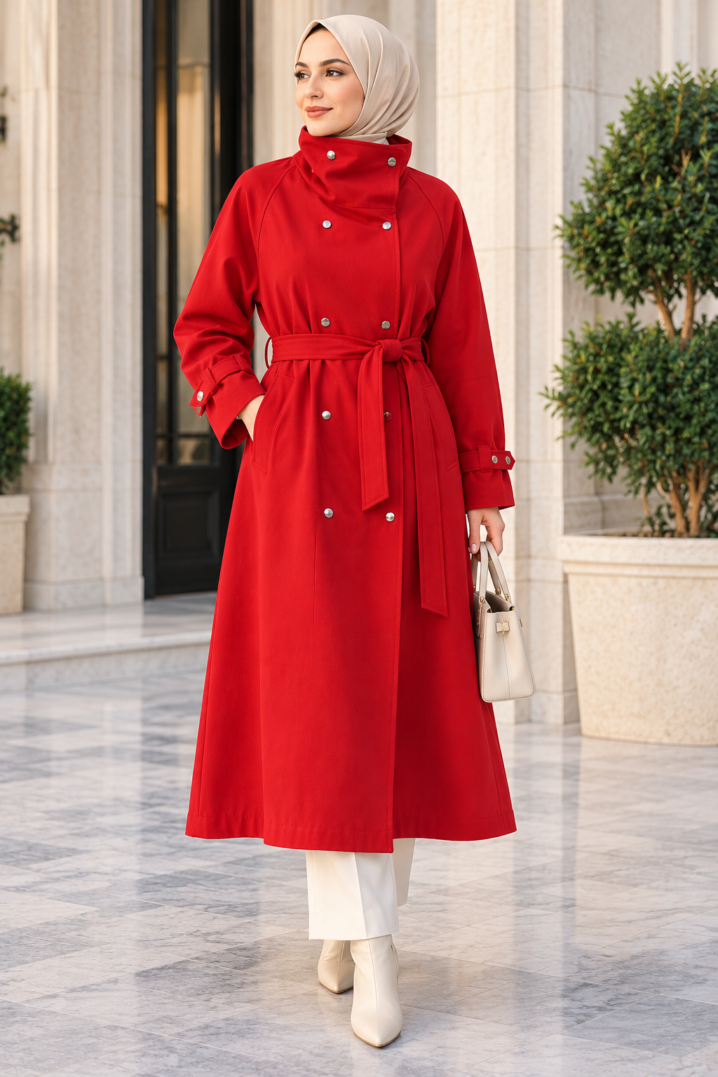 Hakimoda Kadın Huni Yaka Kırmızı TrençkotEF7224