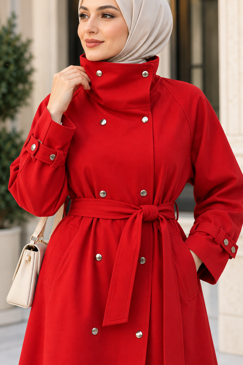 Hakimoda Kadın Huni Yaka Kırmızı TrençkotEF7224
