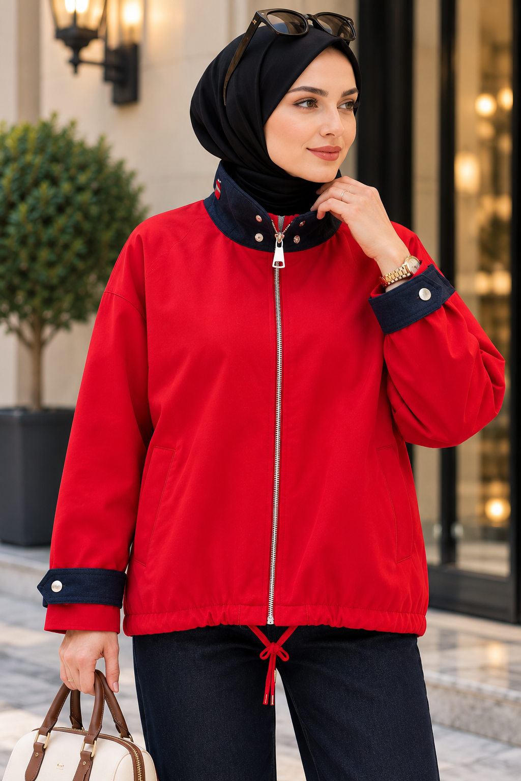 Hakimoda Kadın Kot Detaylı Kırmızı TrençRM1260