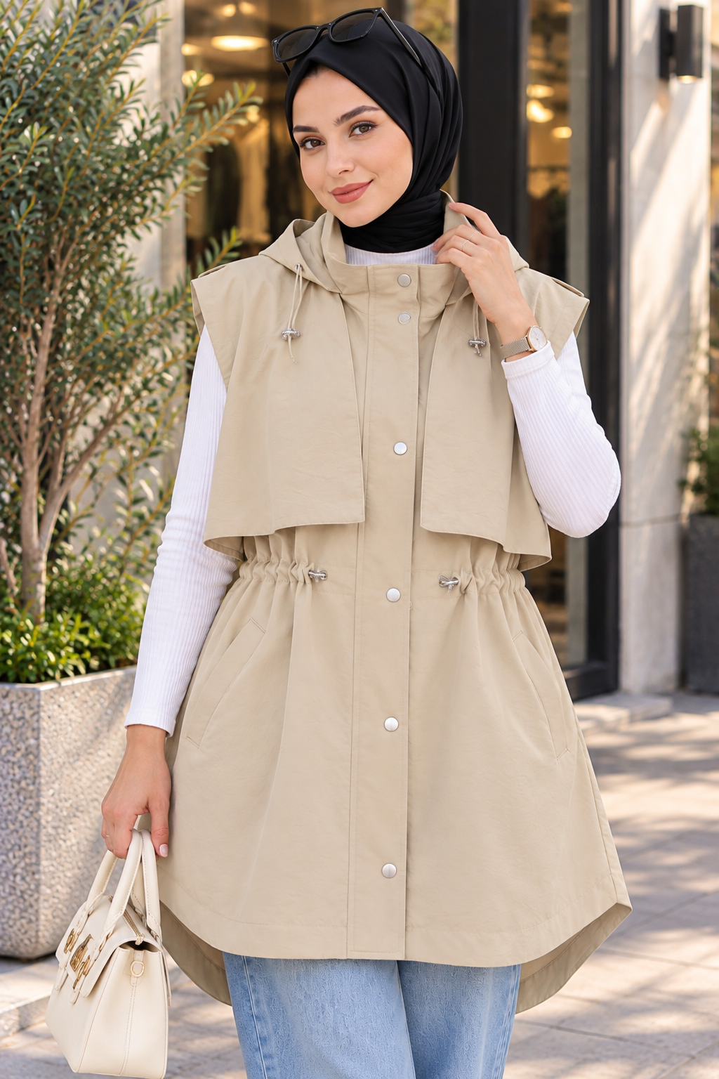 Hakimoda Kadın Pelerinli Bej YelekLS6076