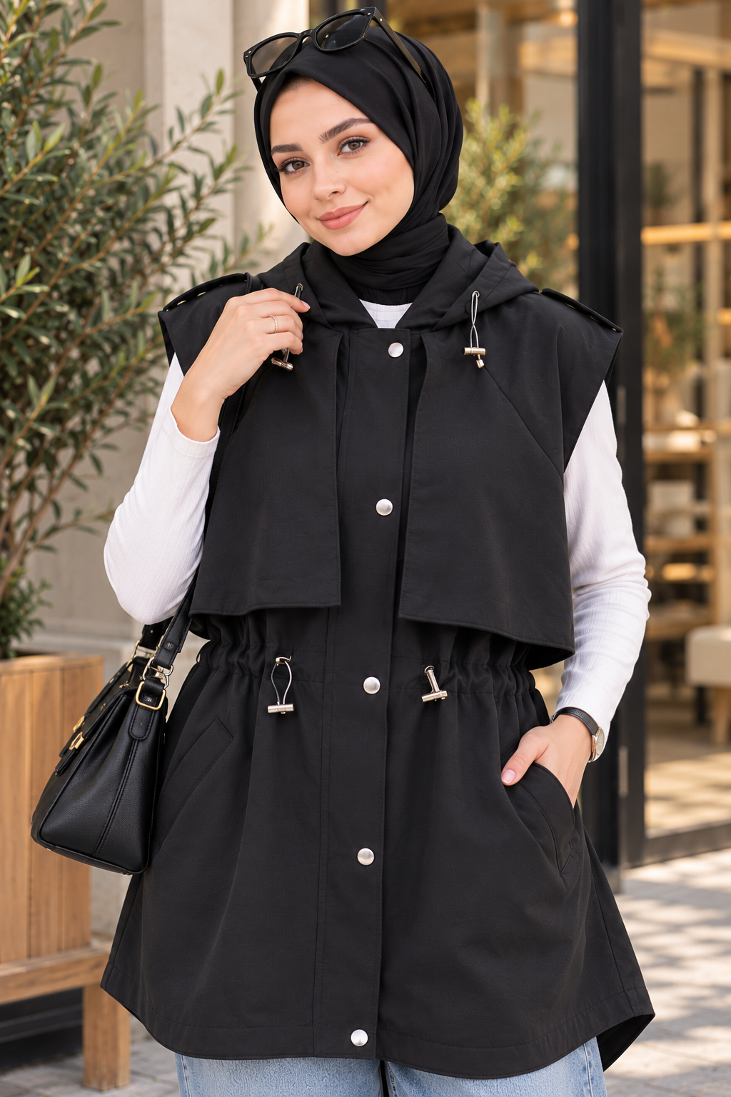 Hakimoda Kadın Pelerinli Siyah YelekLS6076