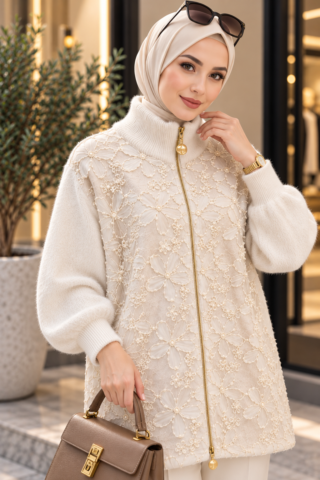 Hakimoda Kadın Peluş Ekru HırkaMC30241