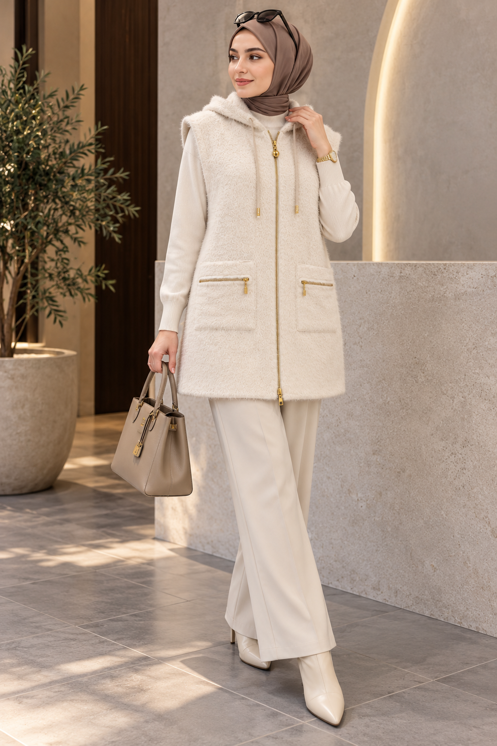 Hakimoda Kadın Peluş Ekru YelekMC30240