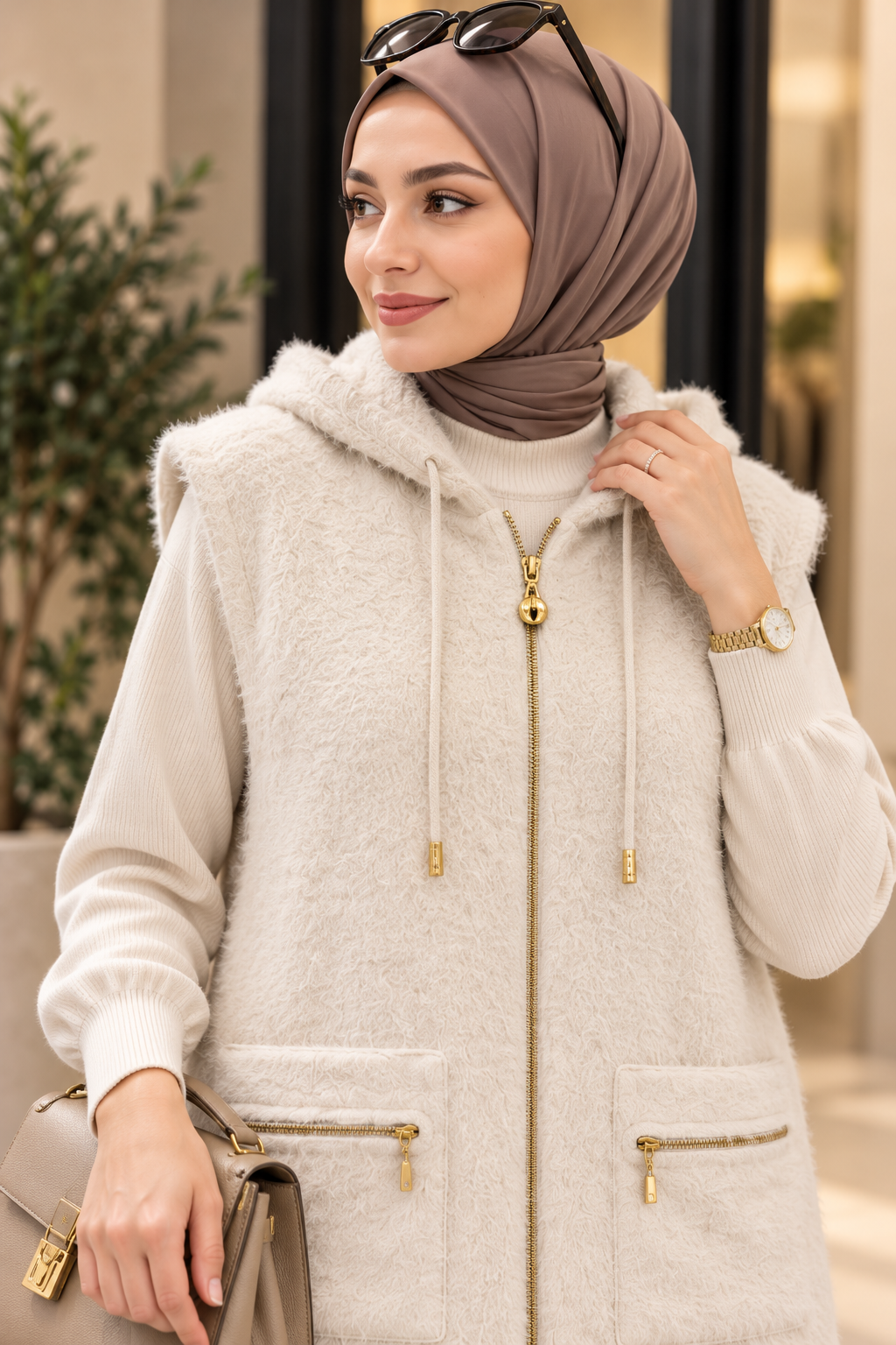 Hakimoda Kadın Peluş Ekru YelekMC30240