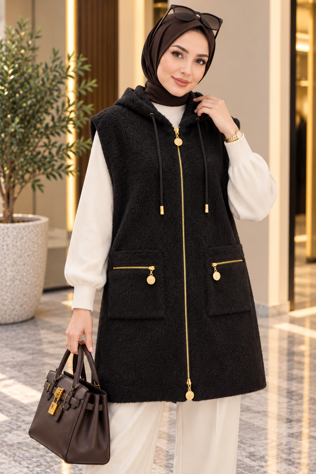Hakimoda Kadın Peluş Siyah YelekMC30240