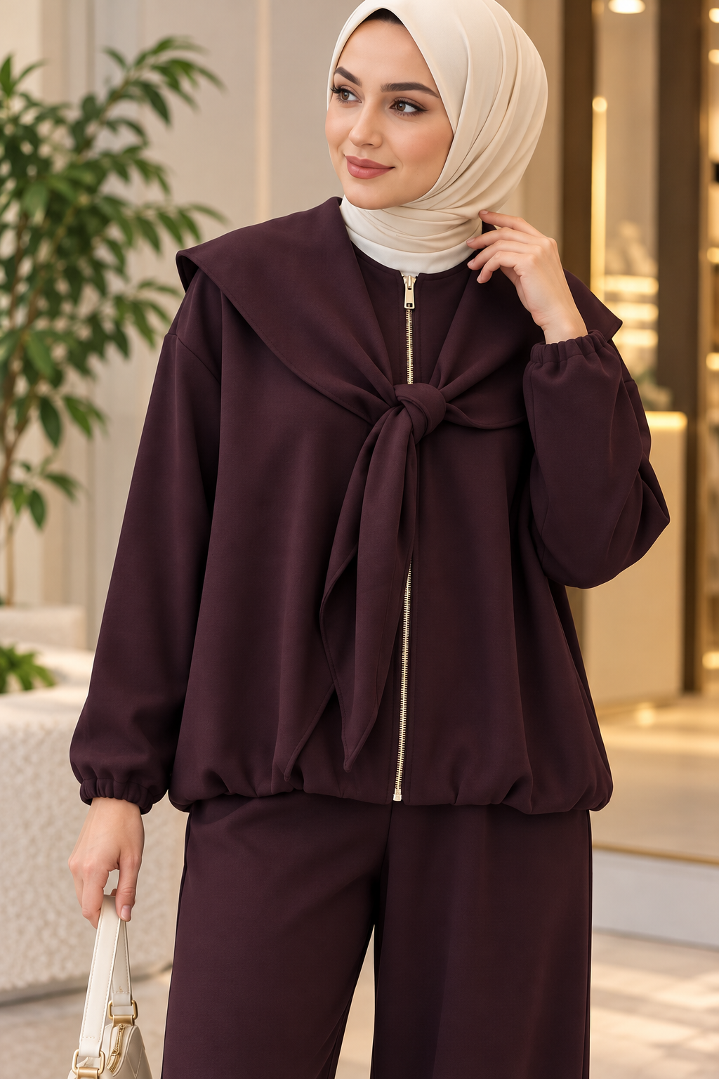 Hakimoda Kadın Şal Detaylı Mürdüm TakımHN41742