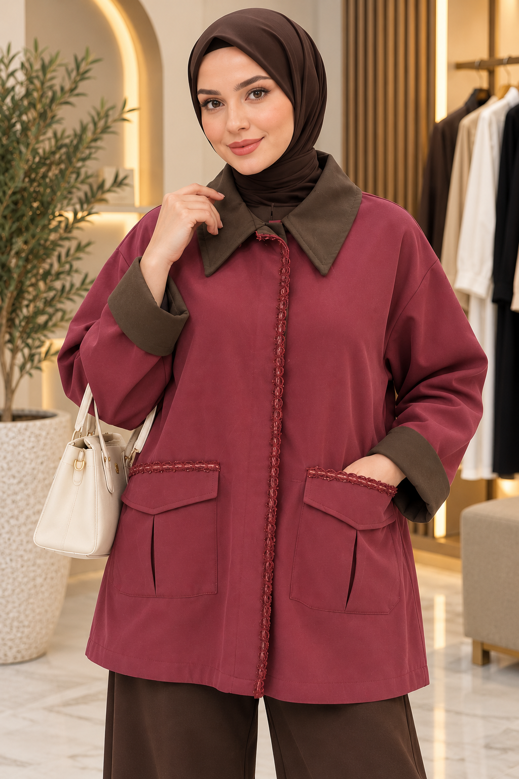 Hakimoda Kadın Şerit Detaylı Bordo TrençAH8772