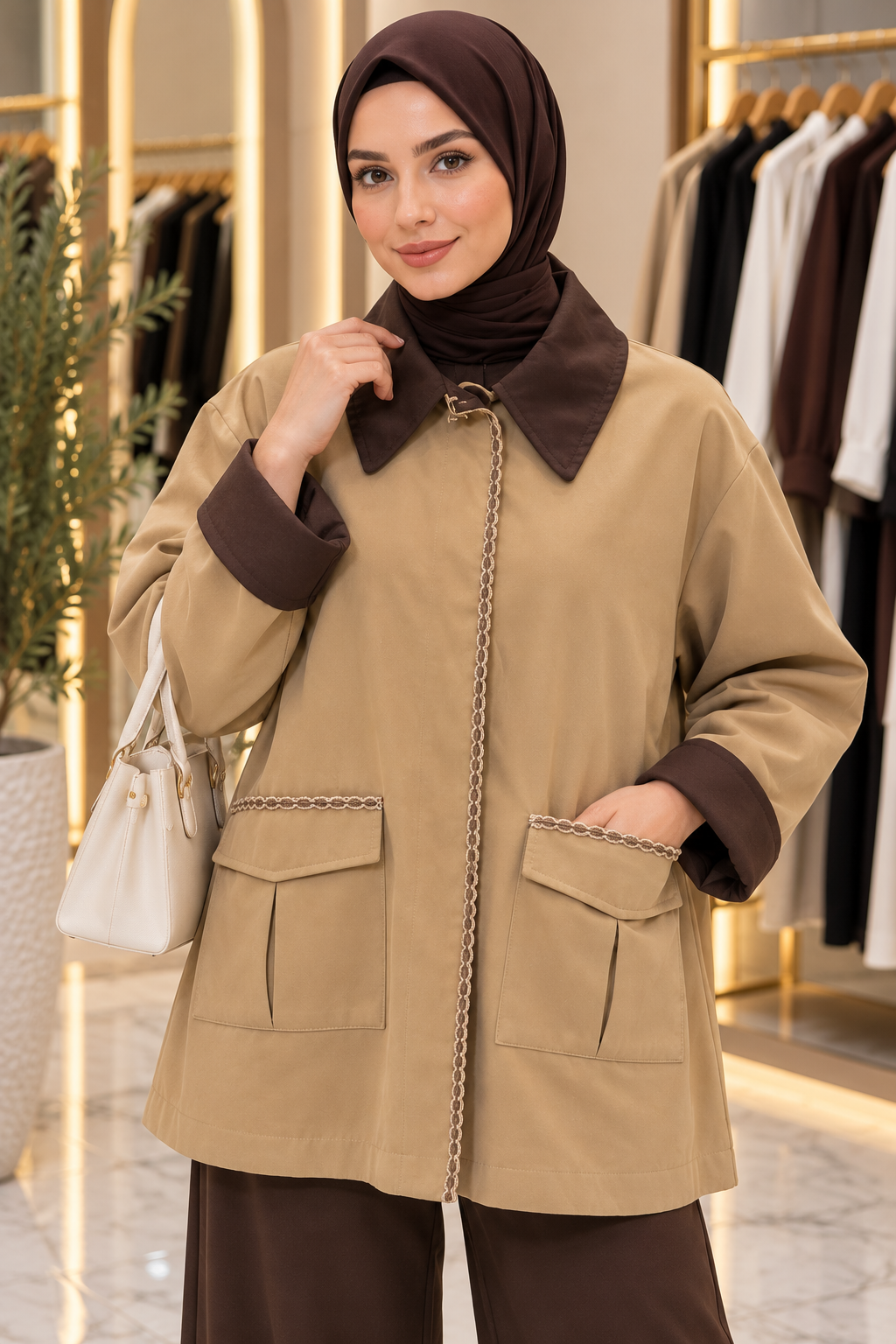Hakimoda Kadın Şerit Detaylı Vizon TrençAH8772