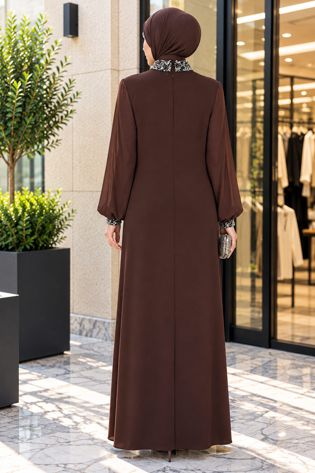 Hakimoda Kadın Şifon Boncuk Kahverengi AbiyeTN4510