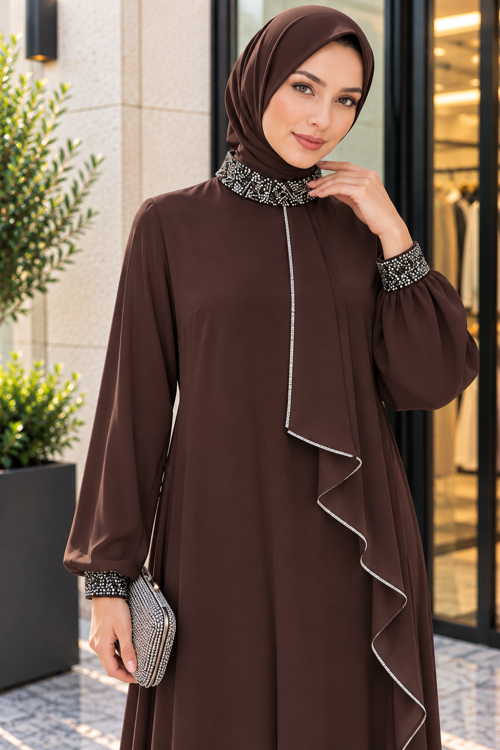 Hakimoda Kadın Şifon Boncuk Kahverengi AbiyeTN4510
