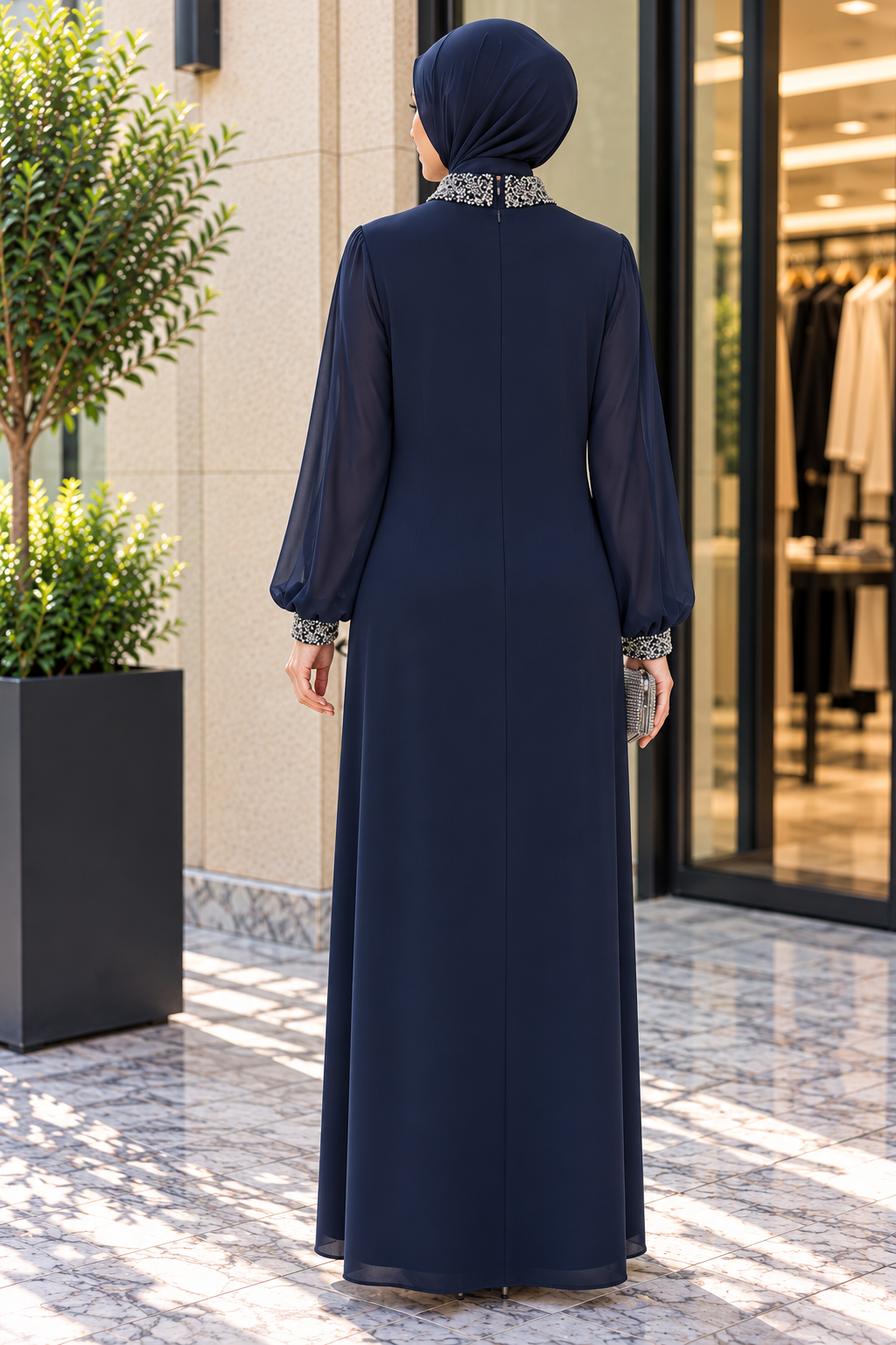 Hakimoda Kadın Şifon Boncuk Lacivert AbayaTN4510