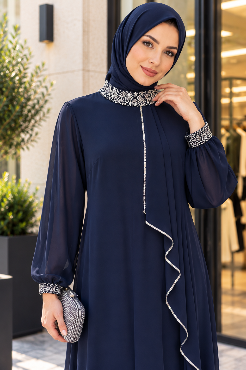 Hakimoda Kadın Şifon Boncuk Lacivert AbayaTN4510