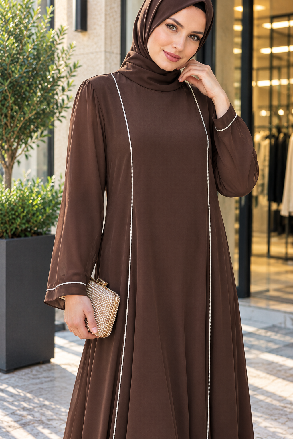 Hakimoda Kadın Şifon Detaylı Kahverengi AbayaTN4337