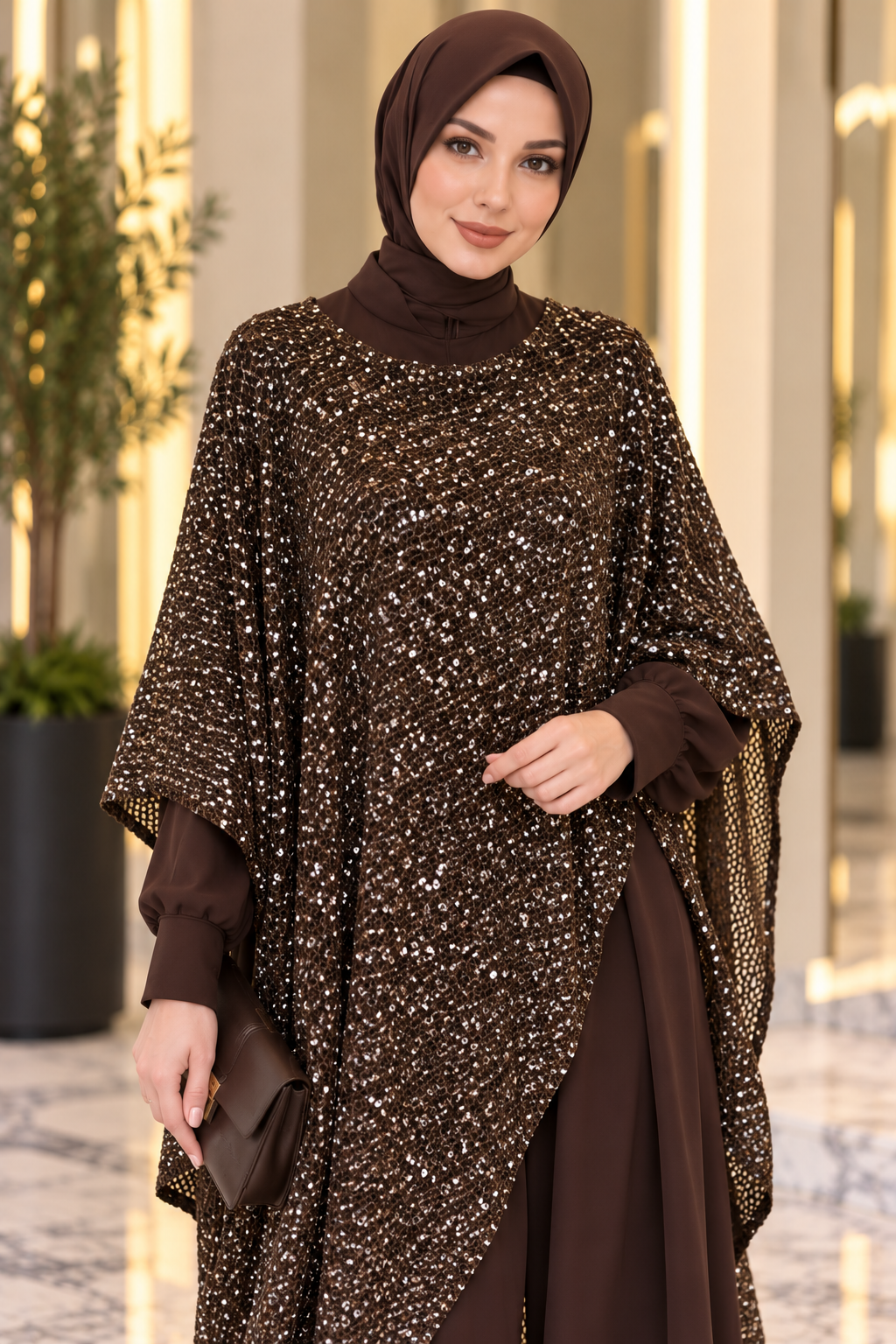 Hakimoda Kadın Simli Kahve Tulum AbiyeTN5022