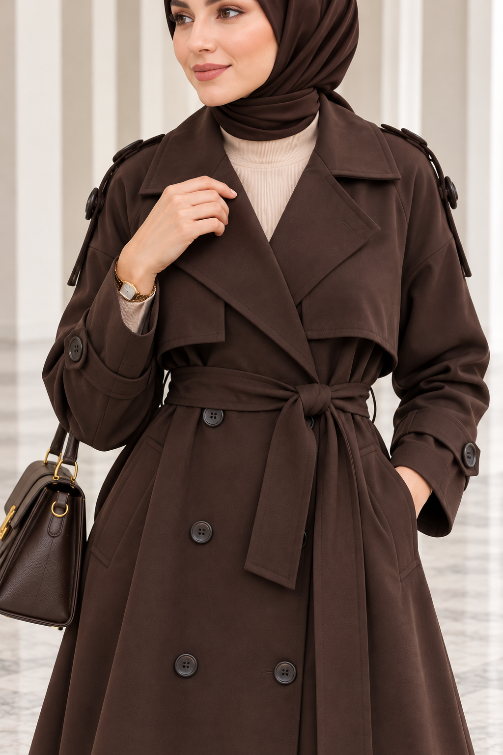 Hakimoda Kadın Yırtmaçlı Kahverengi TrençkotEF589