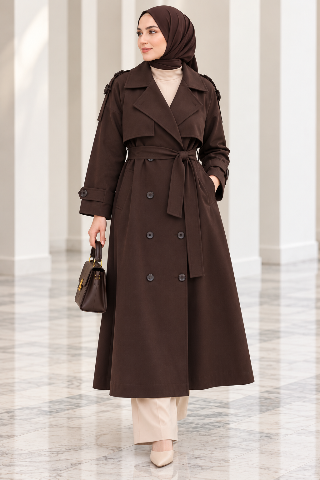Hakimoda Kadın Yırtmaçlı Kahverengi TrençkotEF589