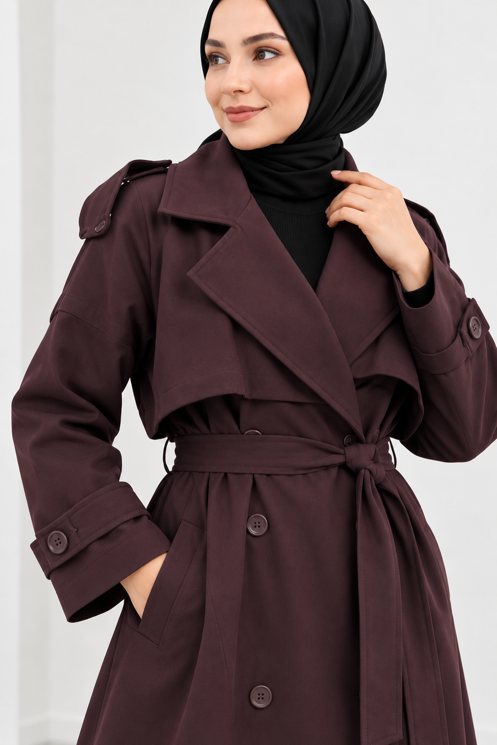 Hakimoda Kadın Yırtmaçlı Mürdüm TrrençkotEF589