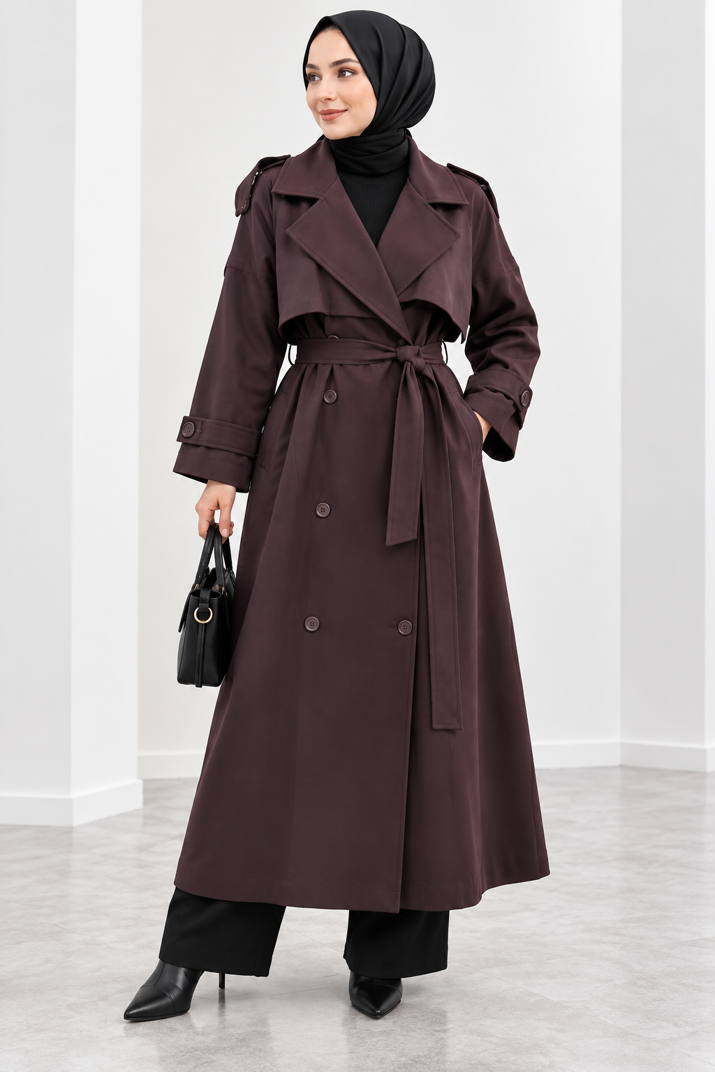 Hakimoda Kadın Yırtmaçlı Mürdüm TrrençkotEF589