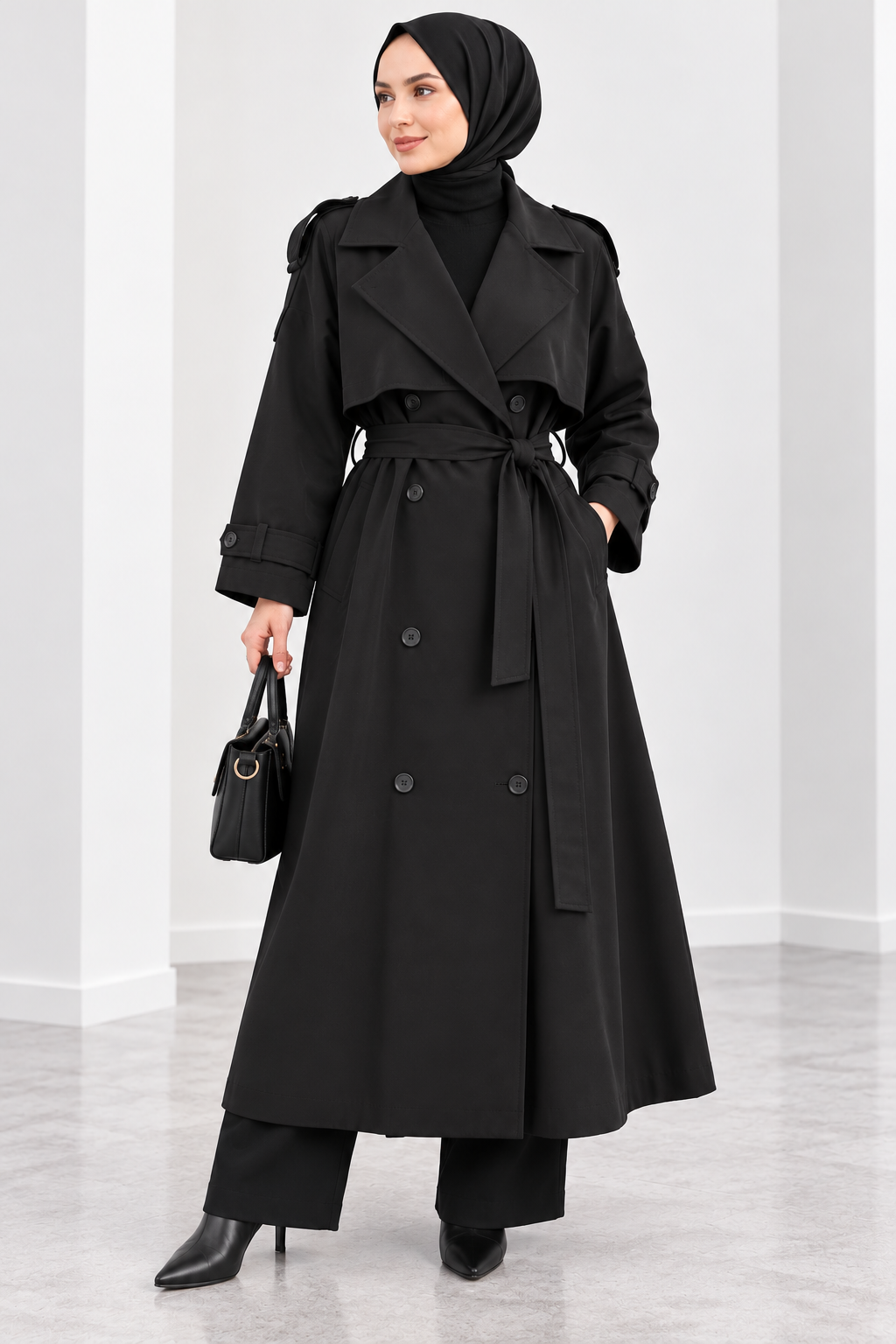 Hakimoda Kadın Yırtmaçlı Siyah TrençkotEF589
