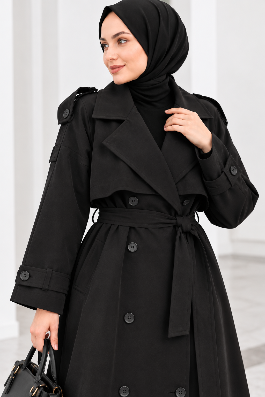 Hakimoda Kadın Yırtmaçlı Siyah TrençkotEF589