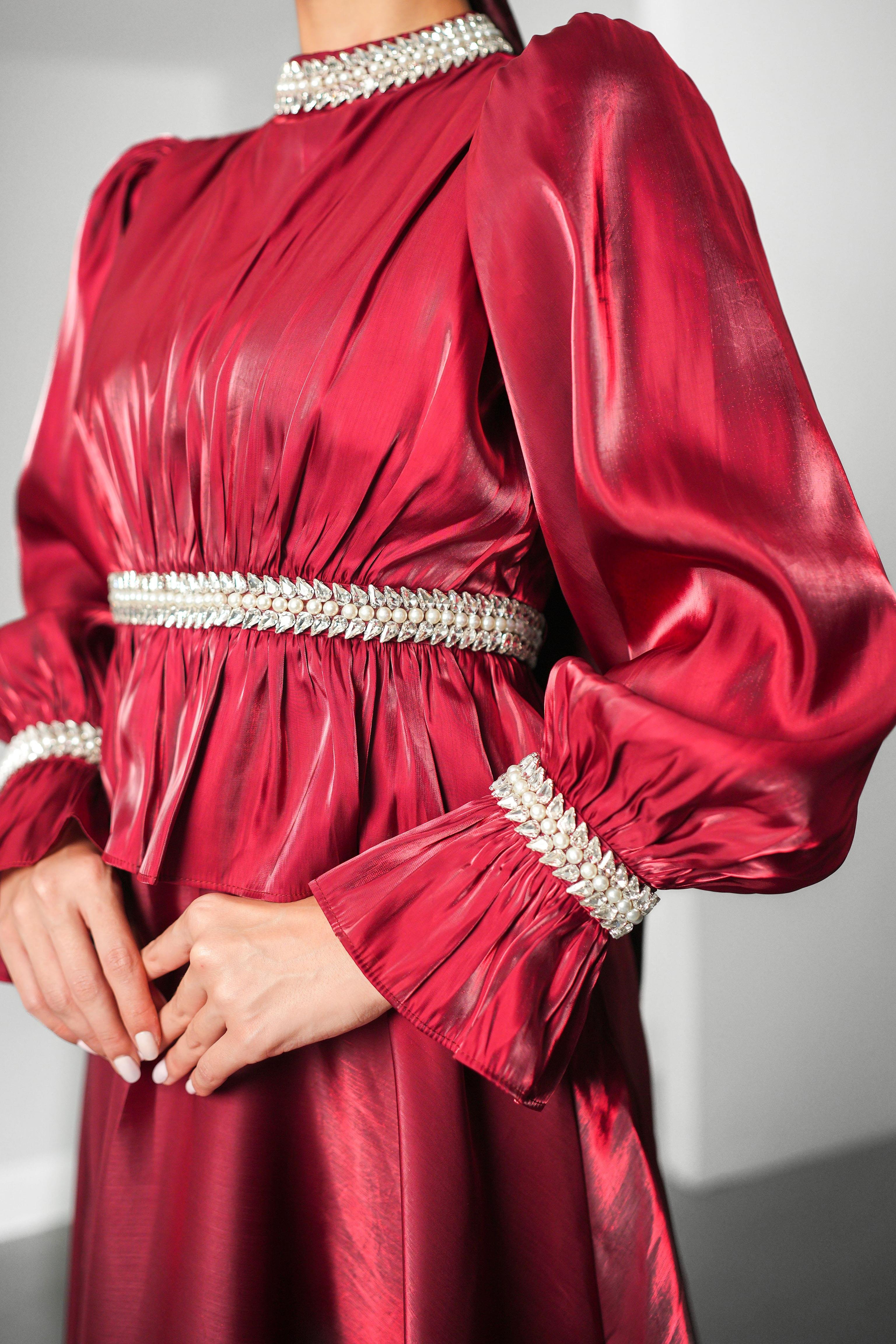 İnci Derya Organize Bordo Tesettür AbiyeLP6324