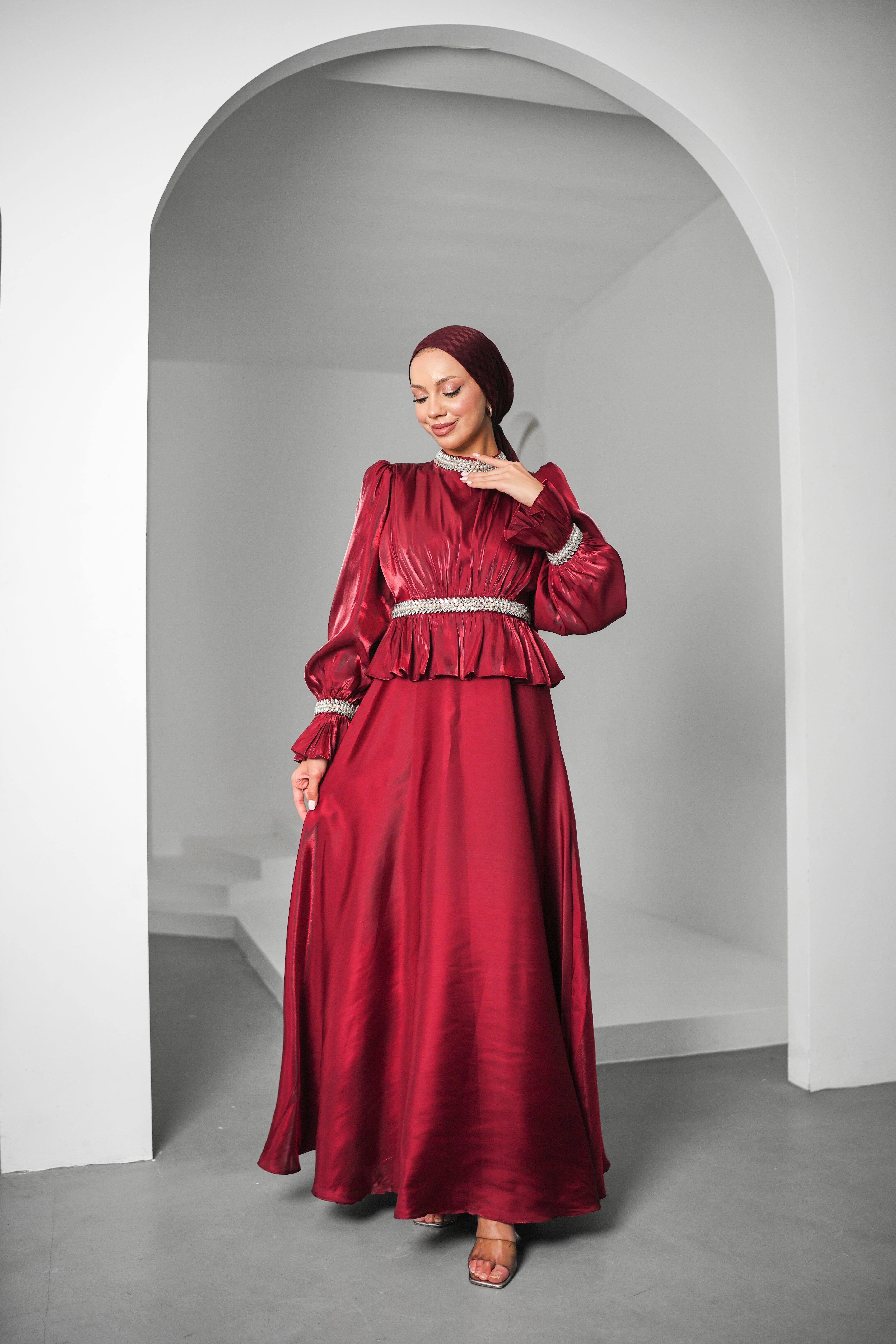 İnci Derya Organize Bordo Tesettür AbiyeLP6324