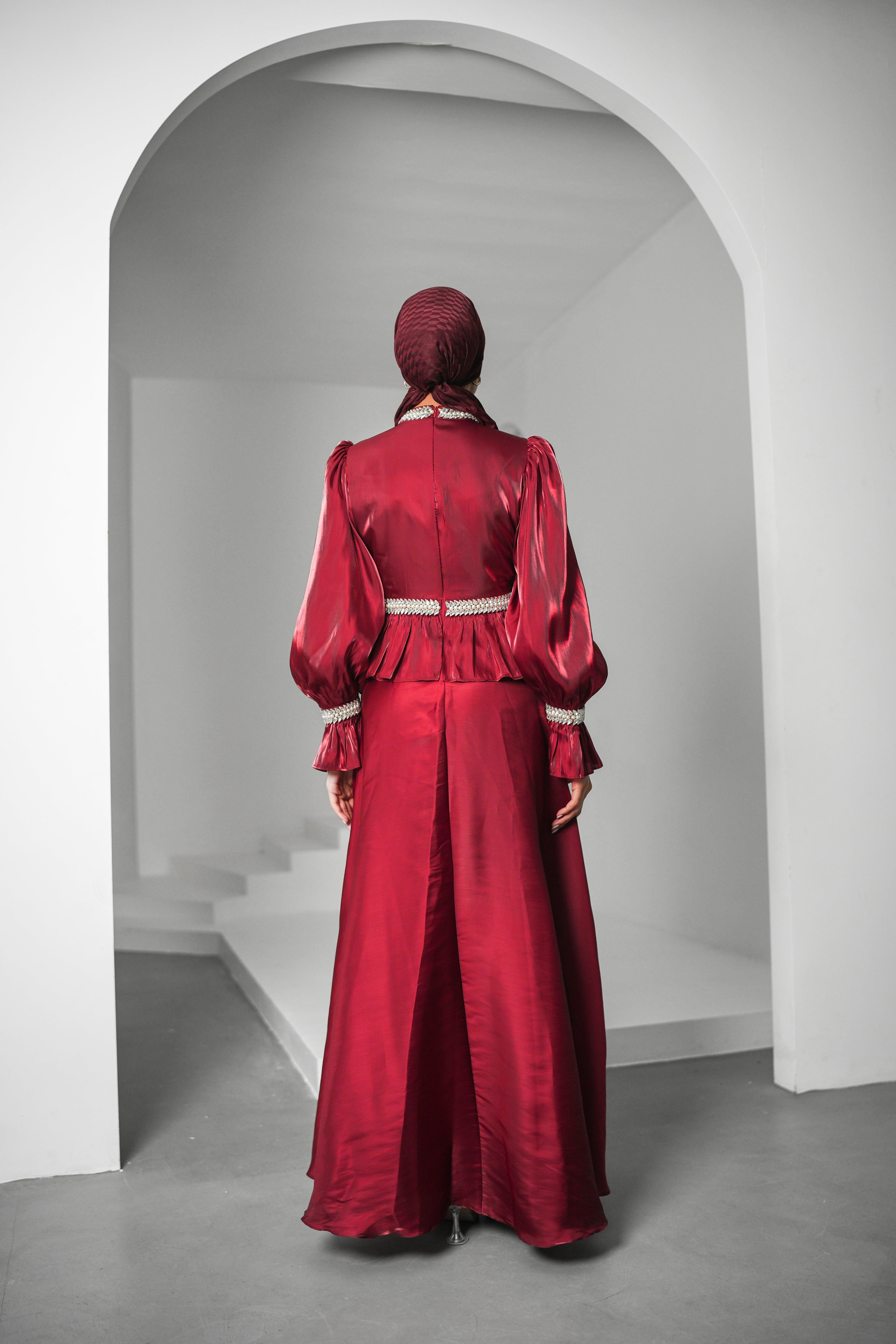 İnci Derya Organize Bordo Tesettür AbiyeLP6324