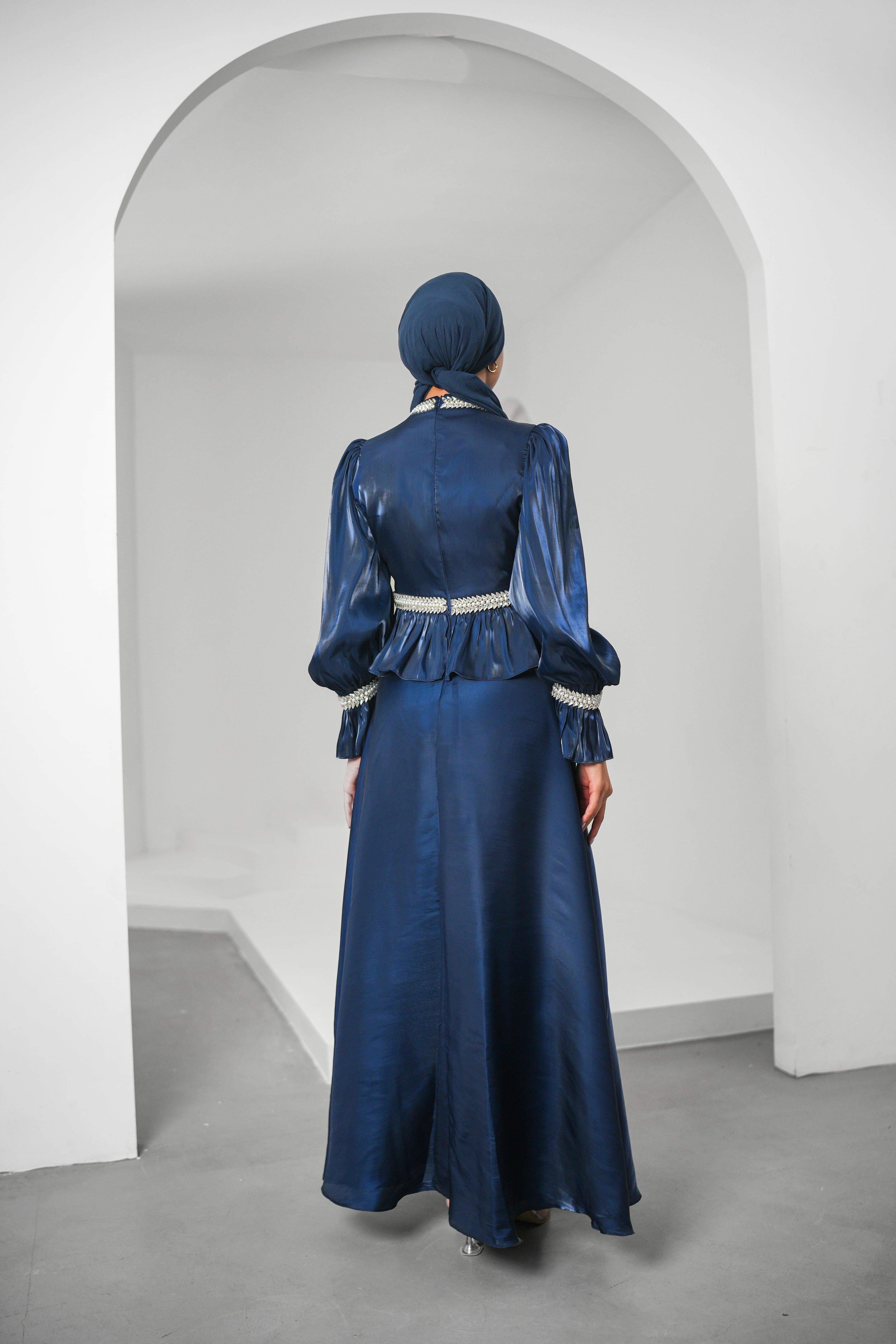 İnci Derya Organze Lacivert Tesettür AbiyeLP6324