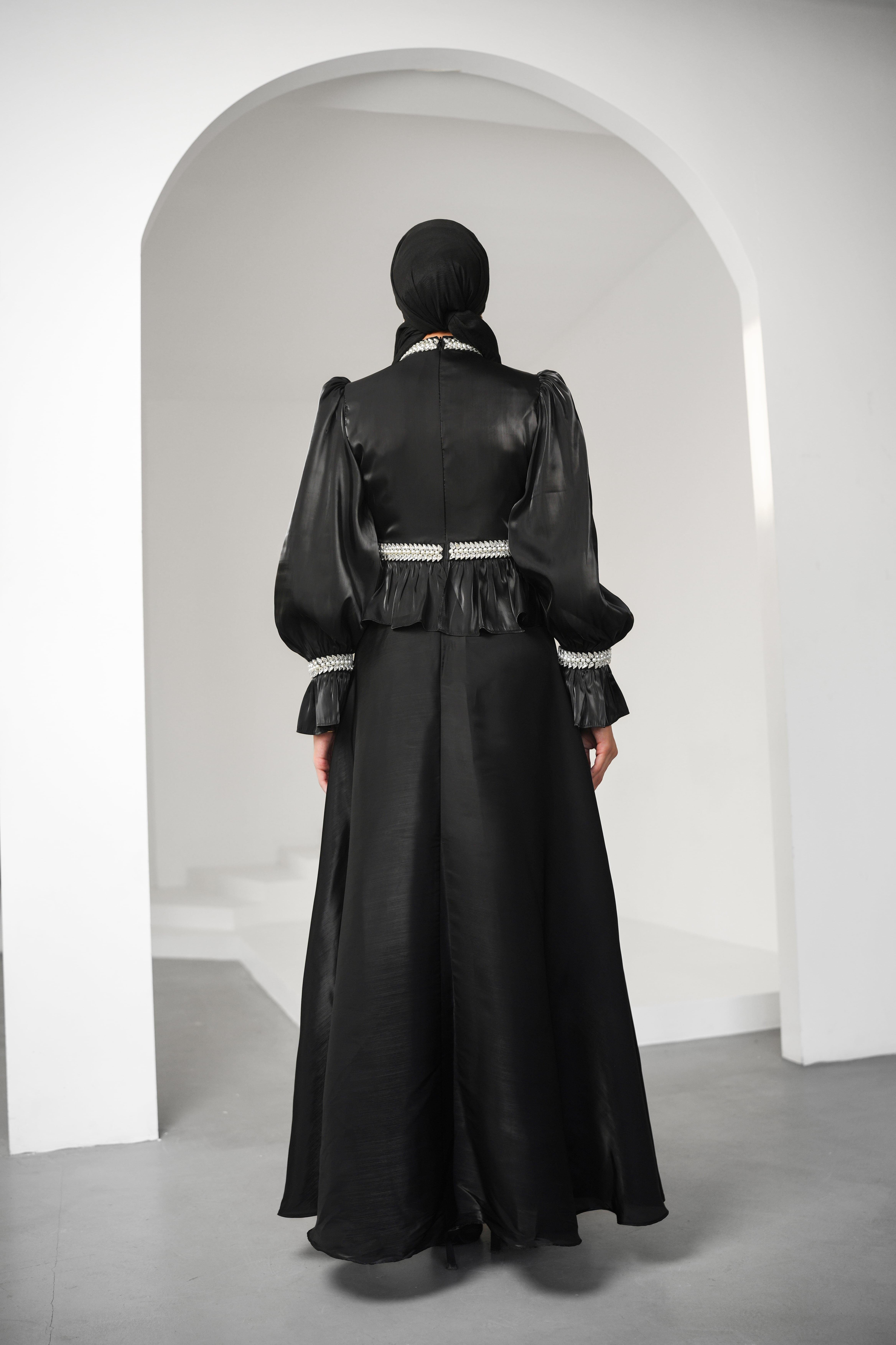 İnci Derya Organze Siyah Tesettür AbiyeLP6324