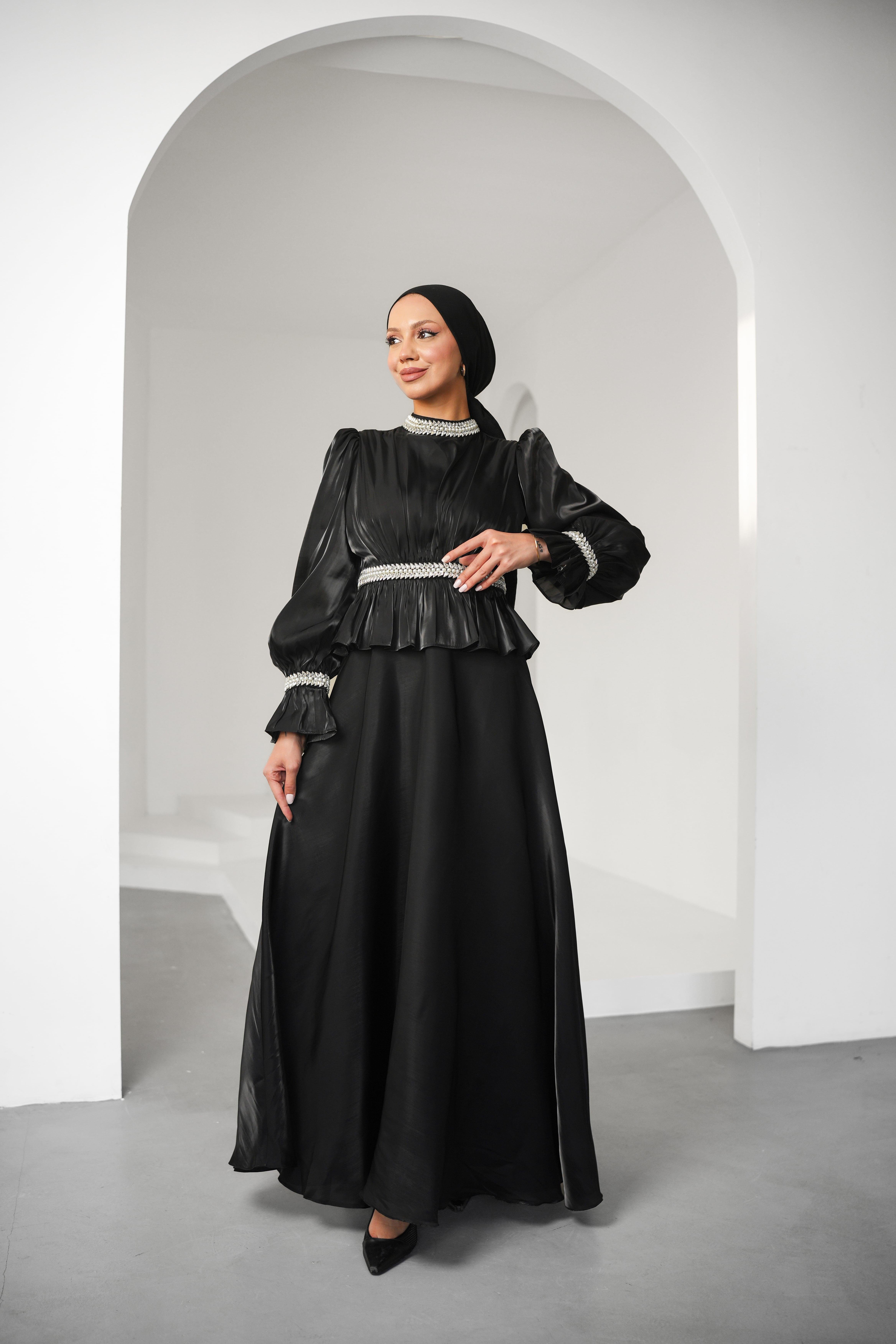 İnci Derya Organze Siyah Tesettür AbiyeLP6324