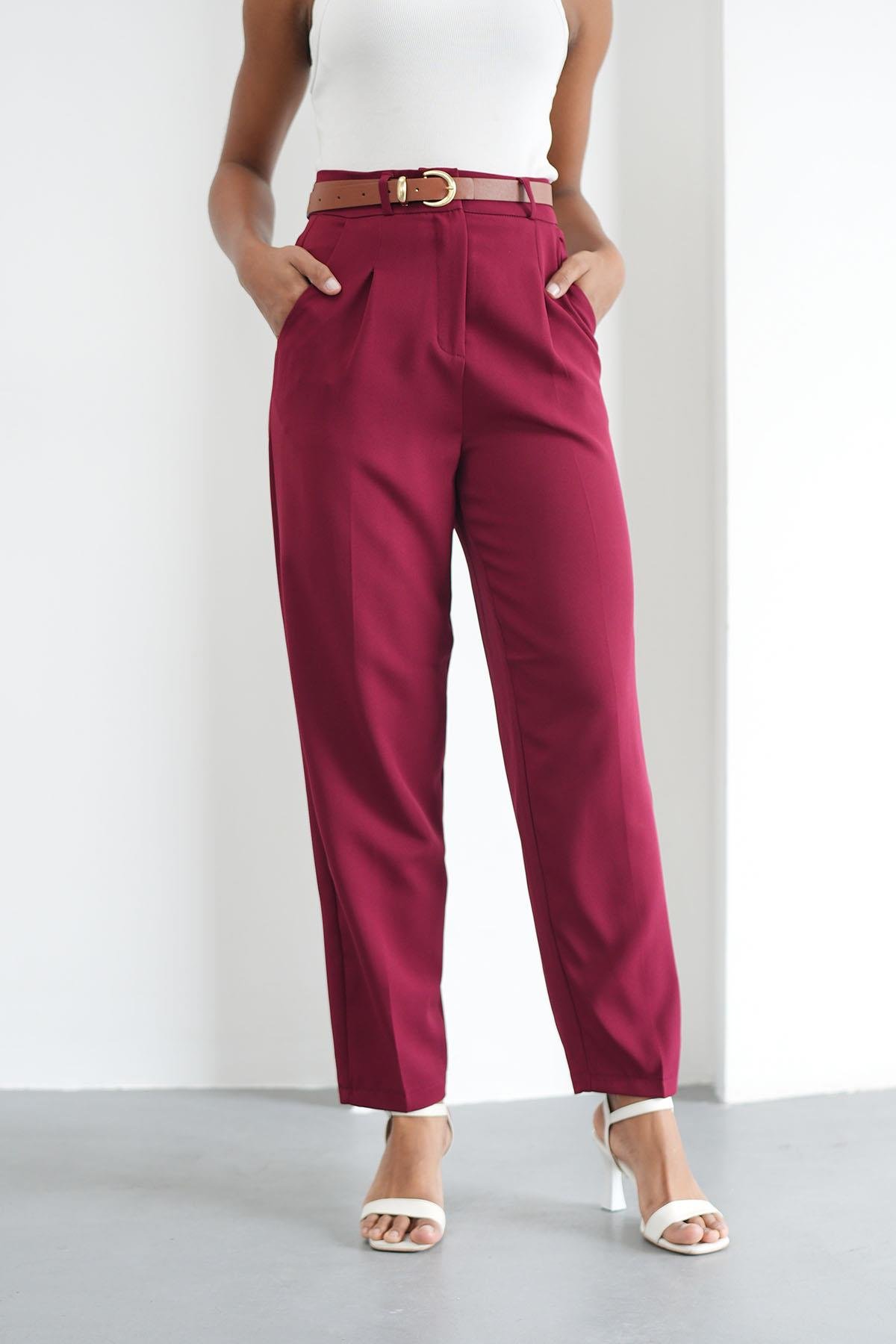 Kemerli Klasik Bordo PantolonHM1330