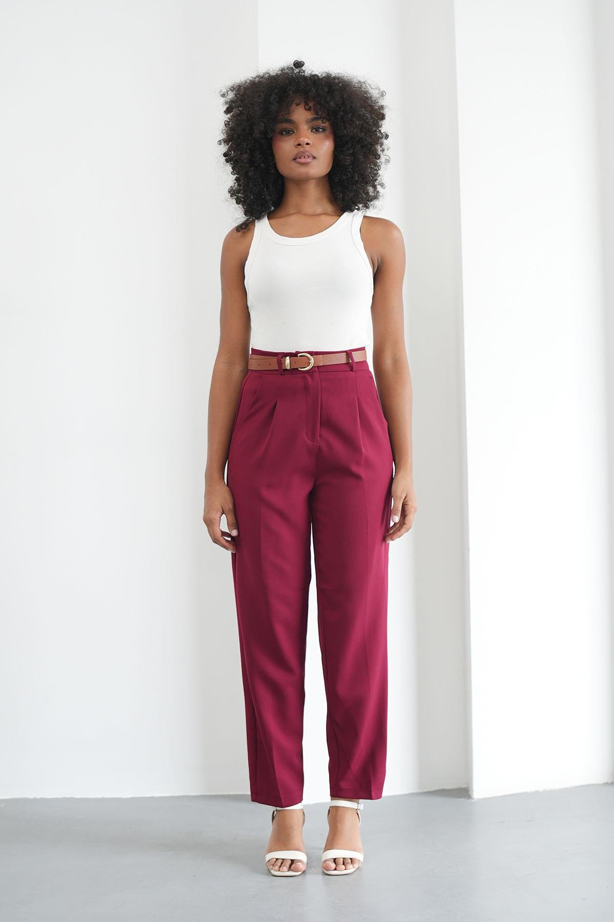 Kemerli Klasik Bordo PantolonHM1330