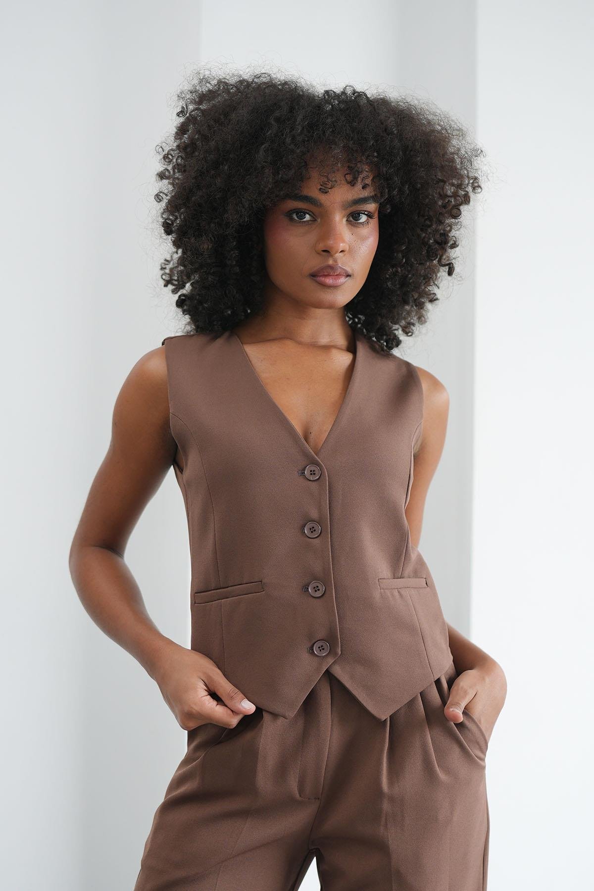 Klasik Düğmeli Acı Kahve YelekHM1338