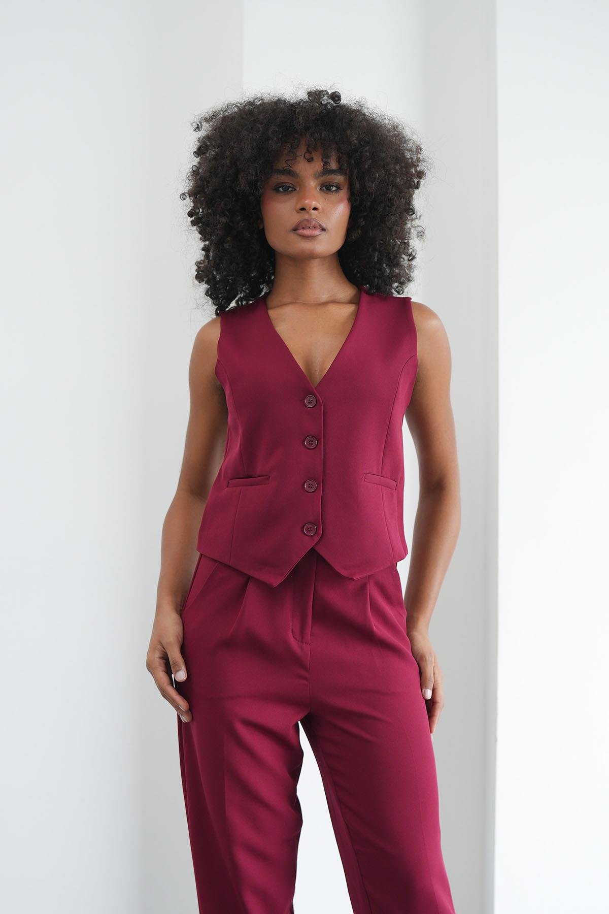 Klasik Düğmeli Bordo YelekHM1338