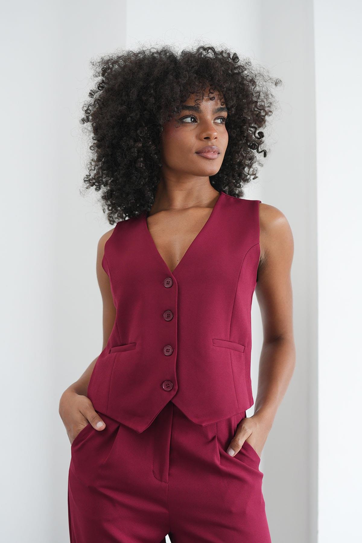 Klasik Düğmeli Bordo YelekHM1338