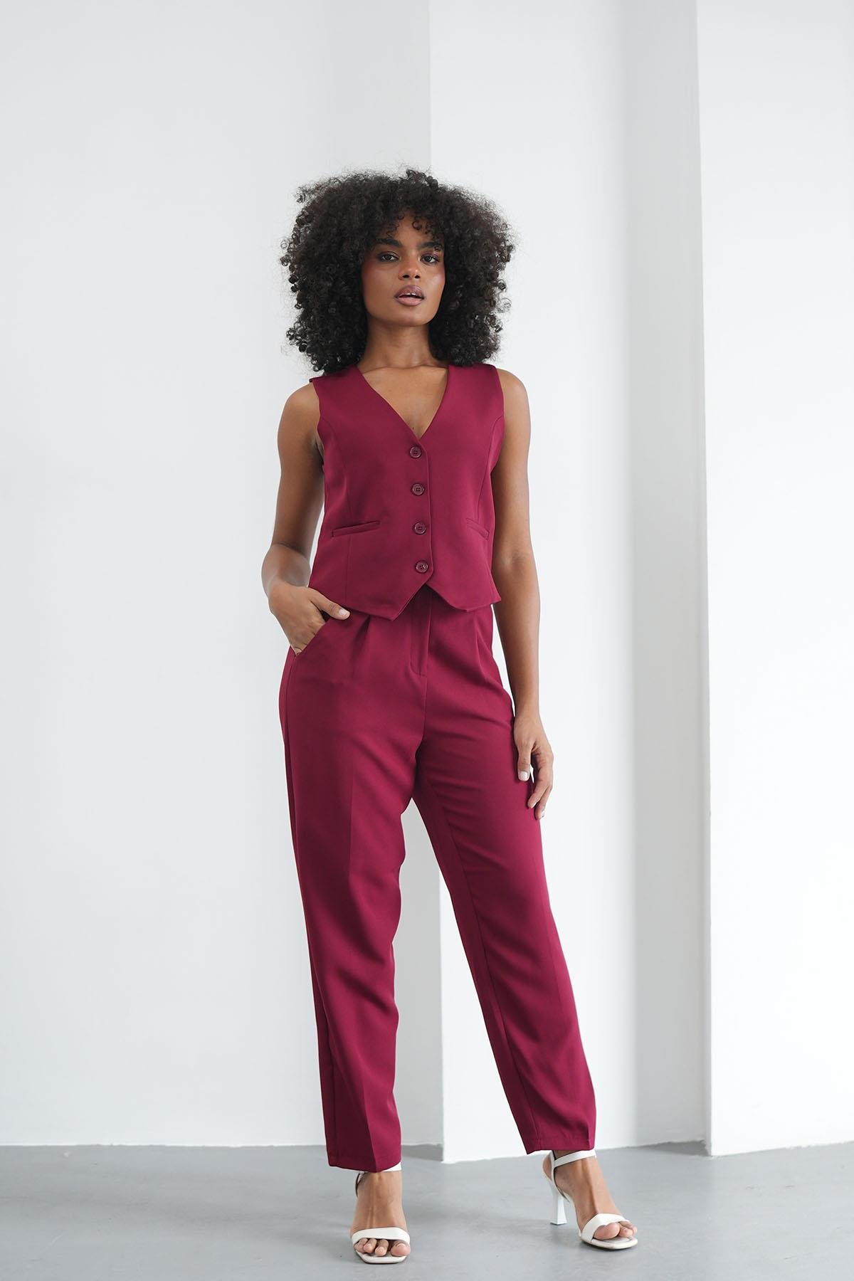 Klasik Düğmeli Bordo YelekHM1338