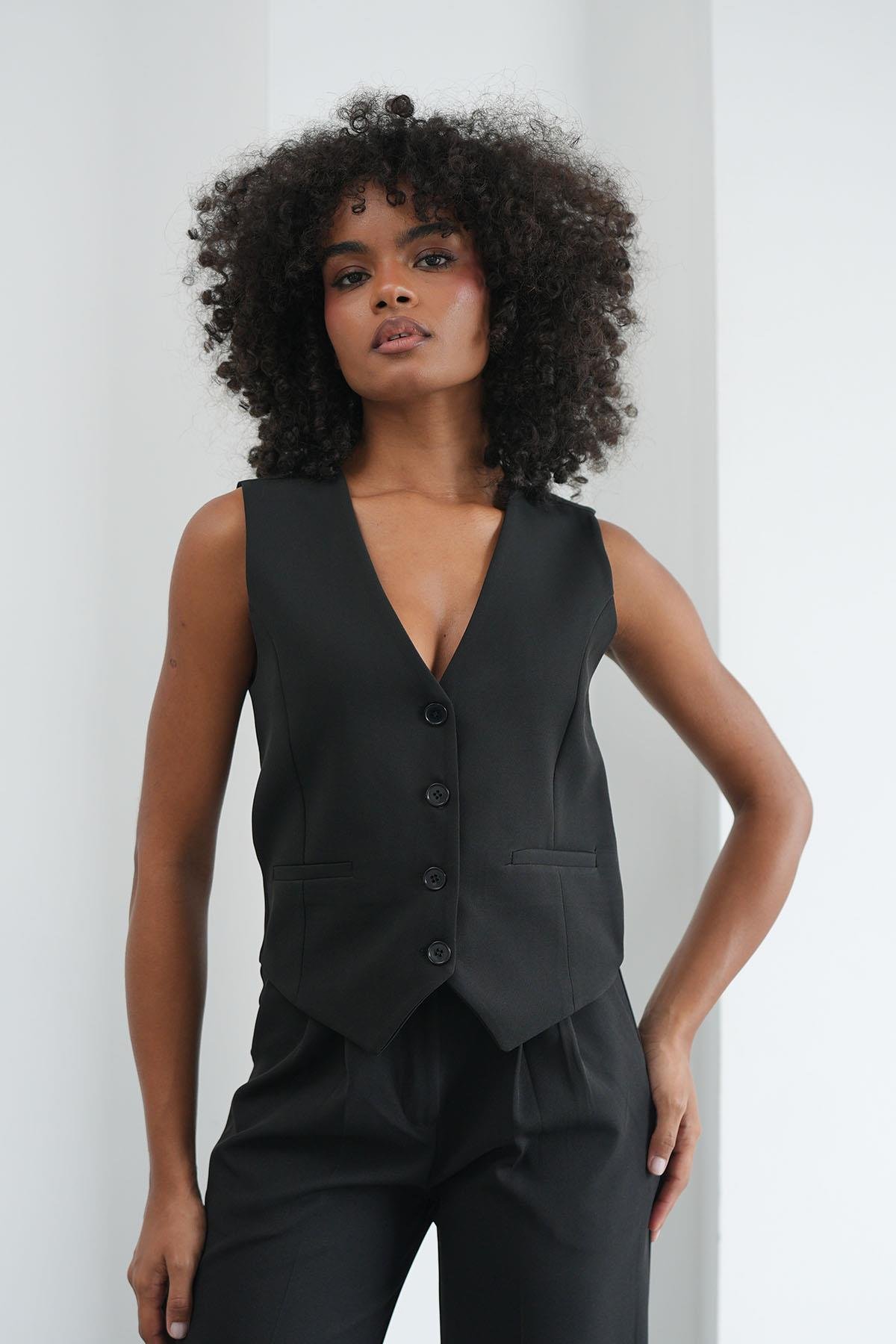 Klasik Düğmeli Siyah YelekHM1338