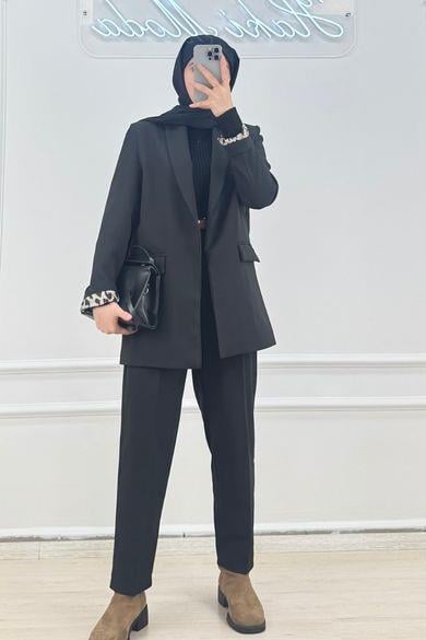 Leopar Astarlı Siyah CeketHM1322