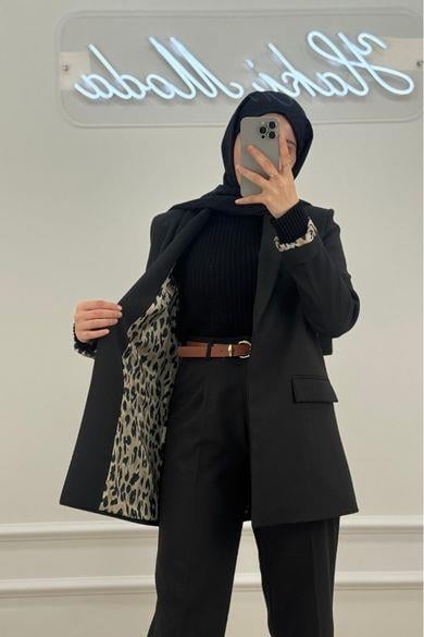 Leopar Astarlı Siyah CeketHM1322