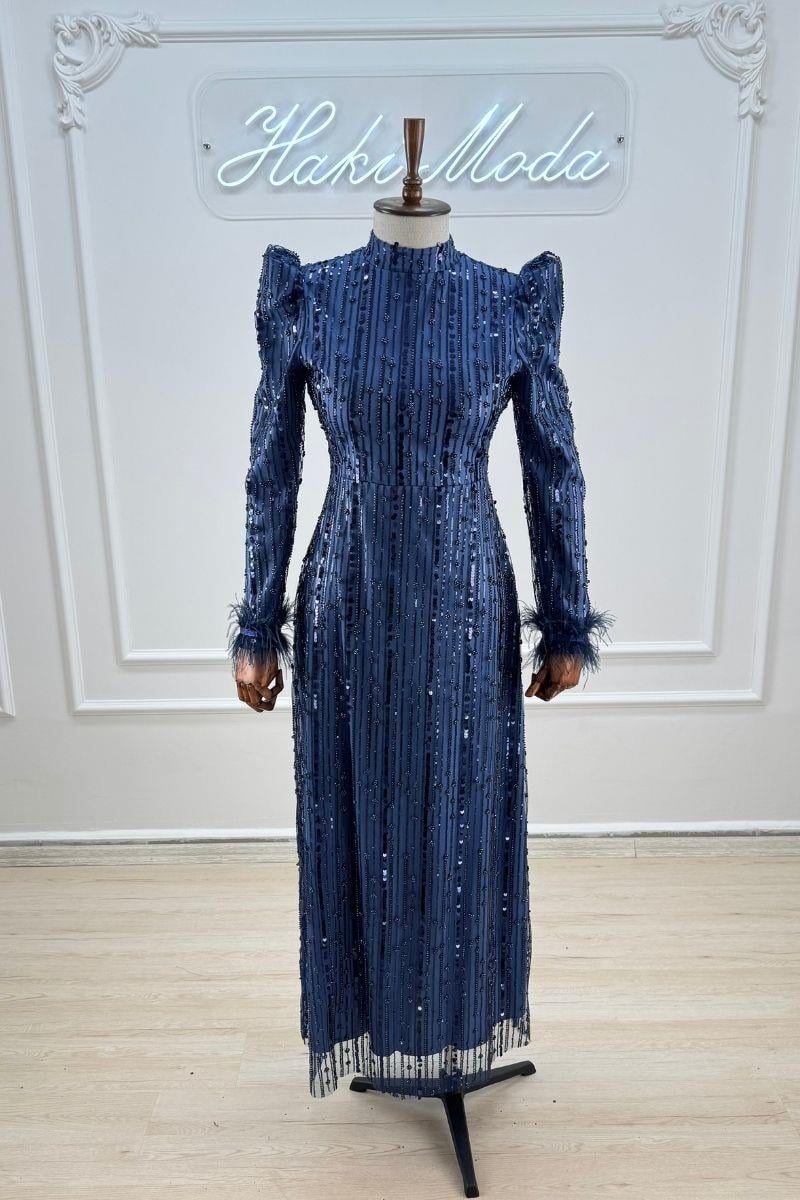 Luana Boncuklu Lacivert Tesettür AbiyeLP6144