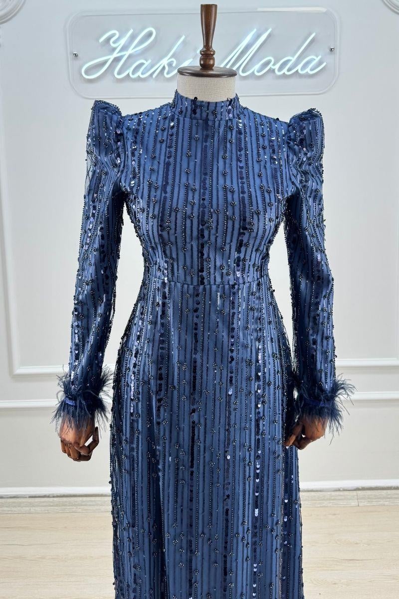 Luana Boncuklu Lacivert Tesettür AbiyeLP6144