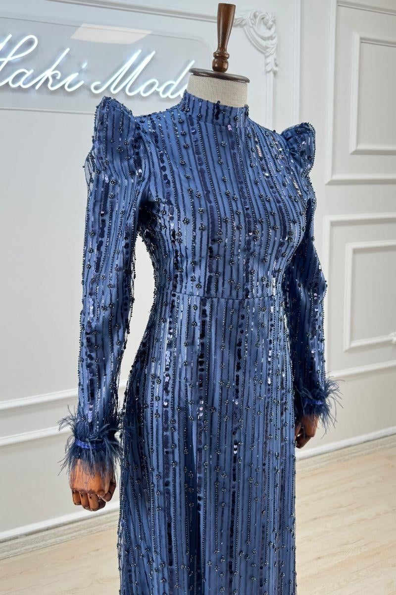 Luana Boncuklu Lacivert Tesettür AbiyeLP6144