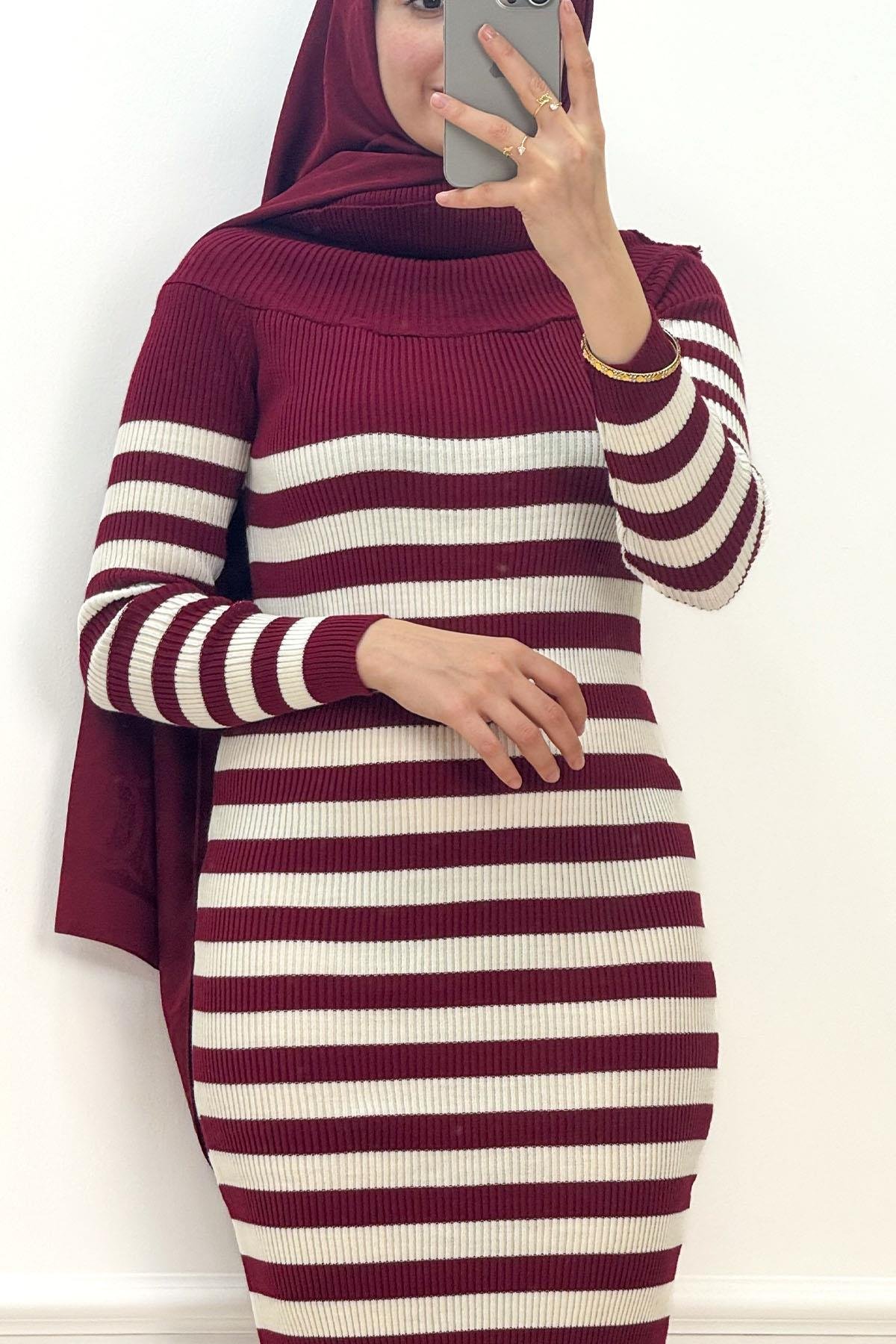 Madonna Yakalı Bordo Triko ElbiseHM3132