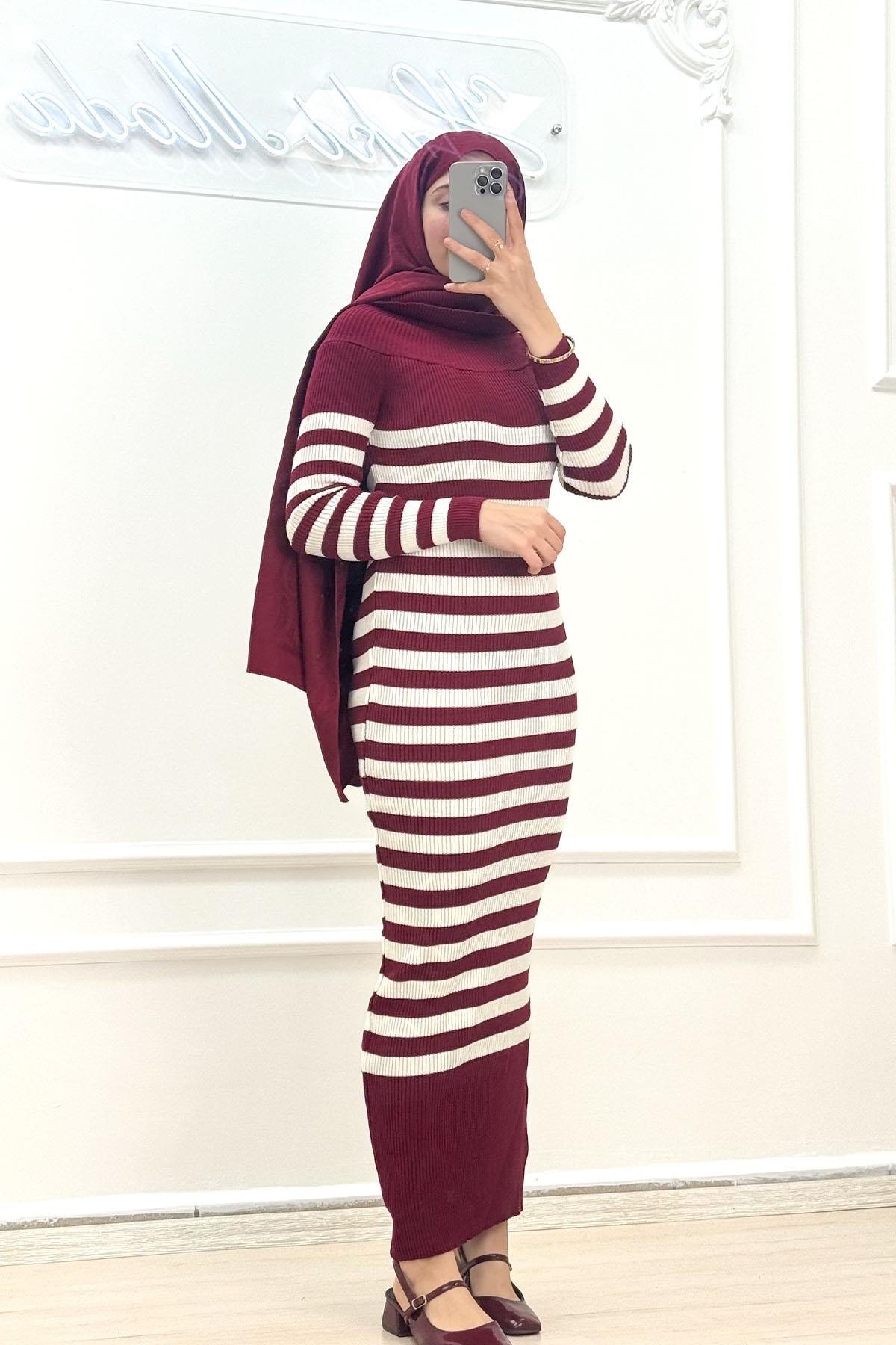 Madonna Yakalı Bordo Triko ElbiseHM3132